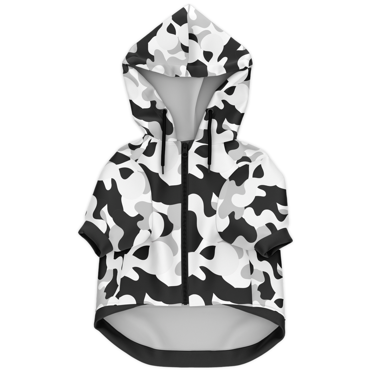 personalized black and white camo dog hoodie with zipper and pocket